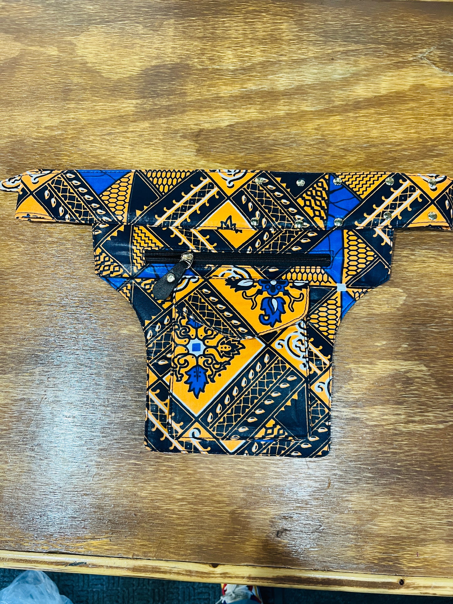 African Fabric Belt Bag Blue/Gold