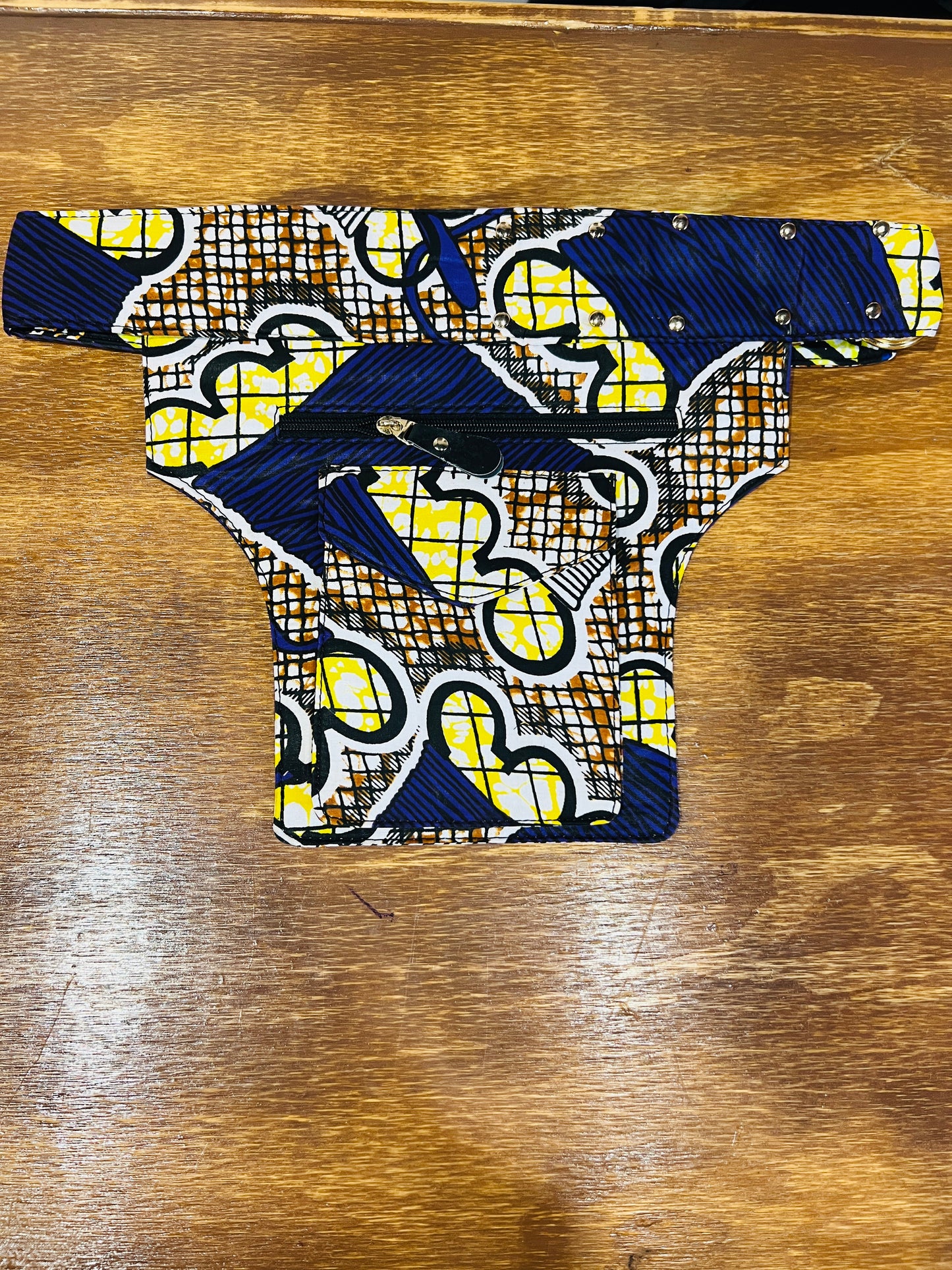 African Fabric Belt Bag Blue/Cream