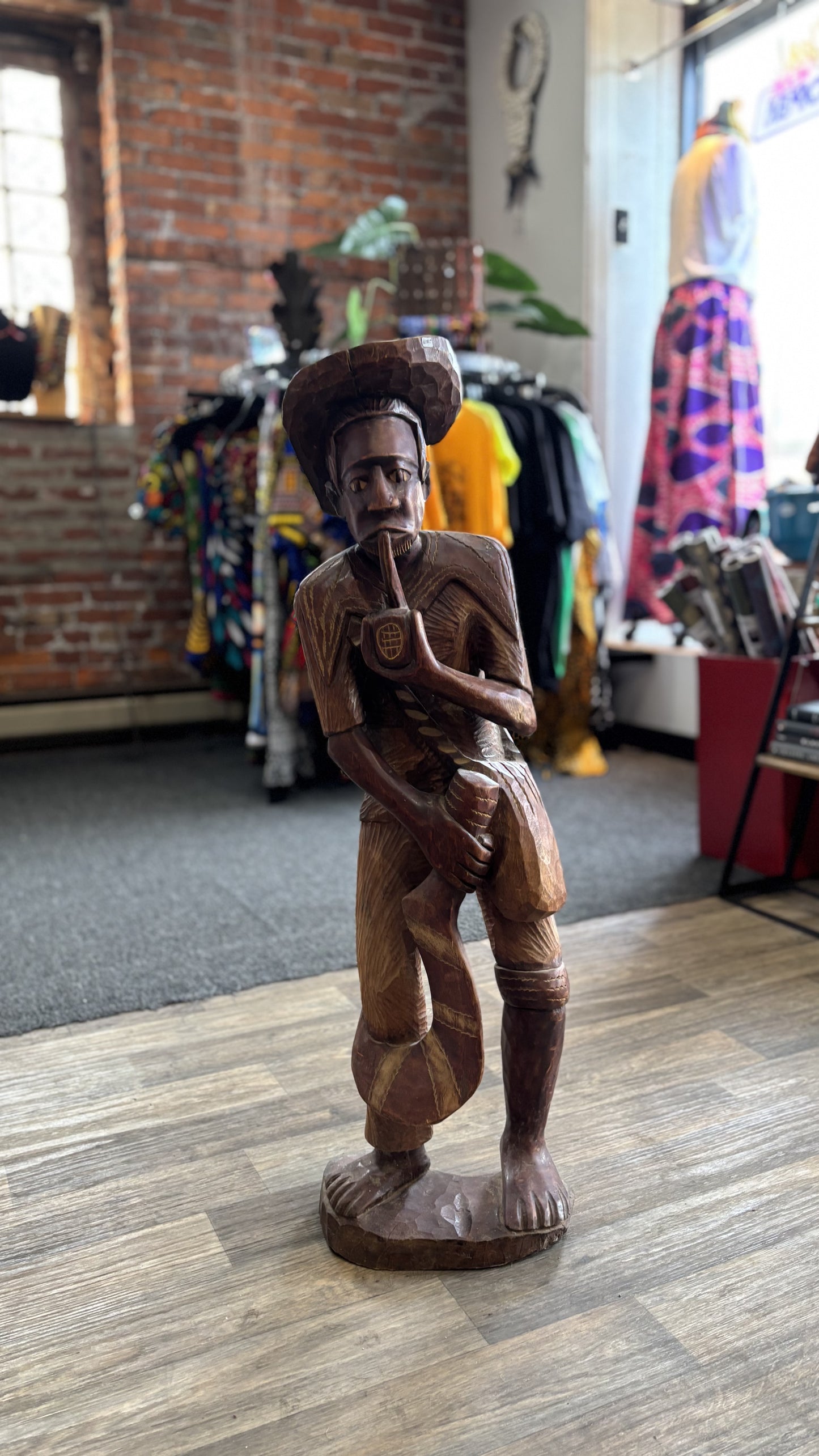 Hand Carved Wooden Man With Smoking Pipe Figurine
