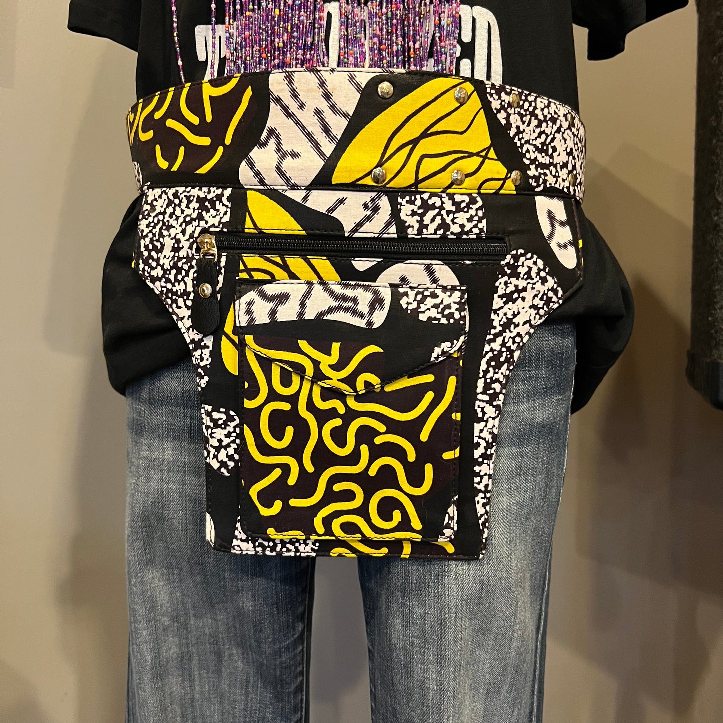 African Ankara Fabric Belt Bag Black