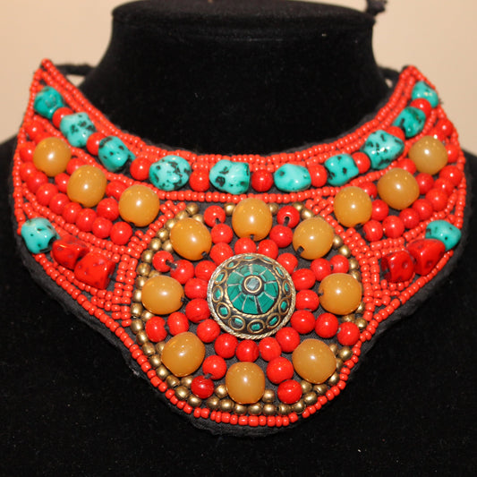 Short Coral & Turquoise Bib Necklace