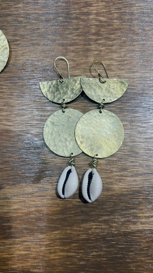 Brass & Cowrie Shell Abstract Earrings
