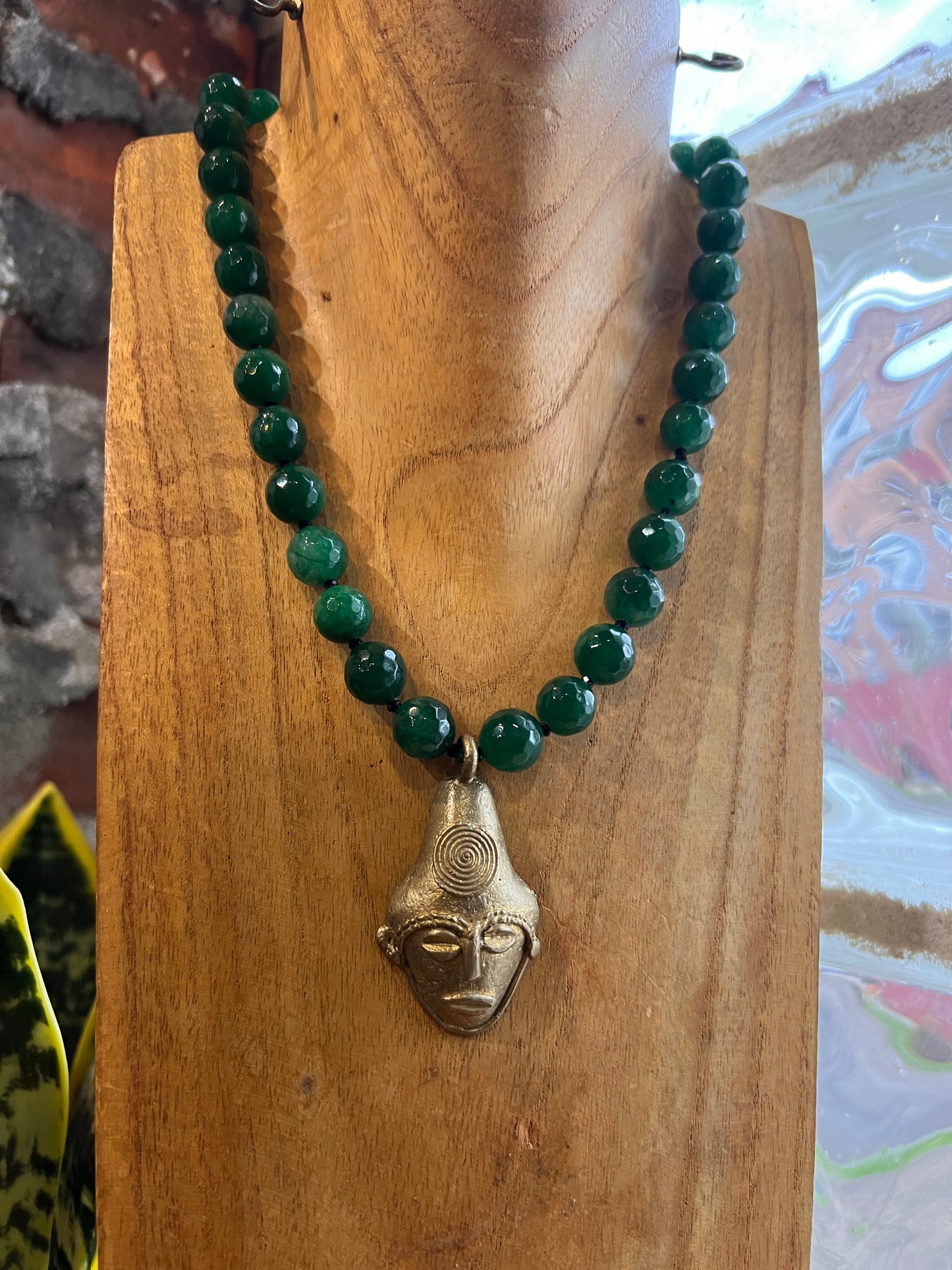 Green Agate Gemstone and Brass African Mask Pendant Necklace