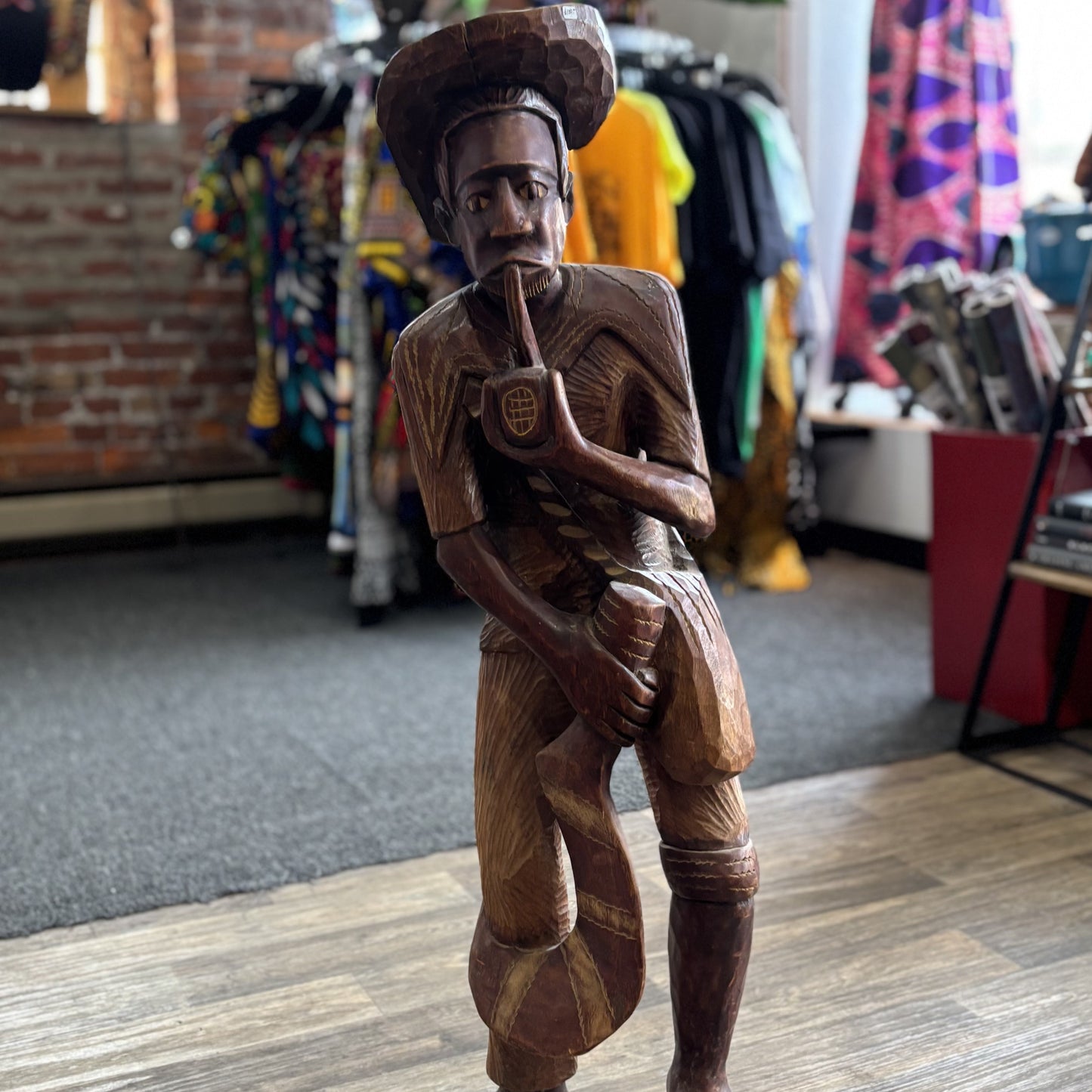 Hand Carved Wooden Man With Smoking Pipe Figurine