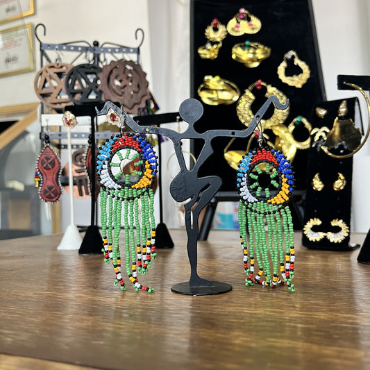 Beaded Green Rice Beads Long Drop Earrings
