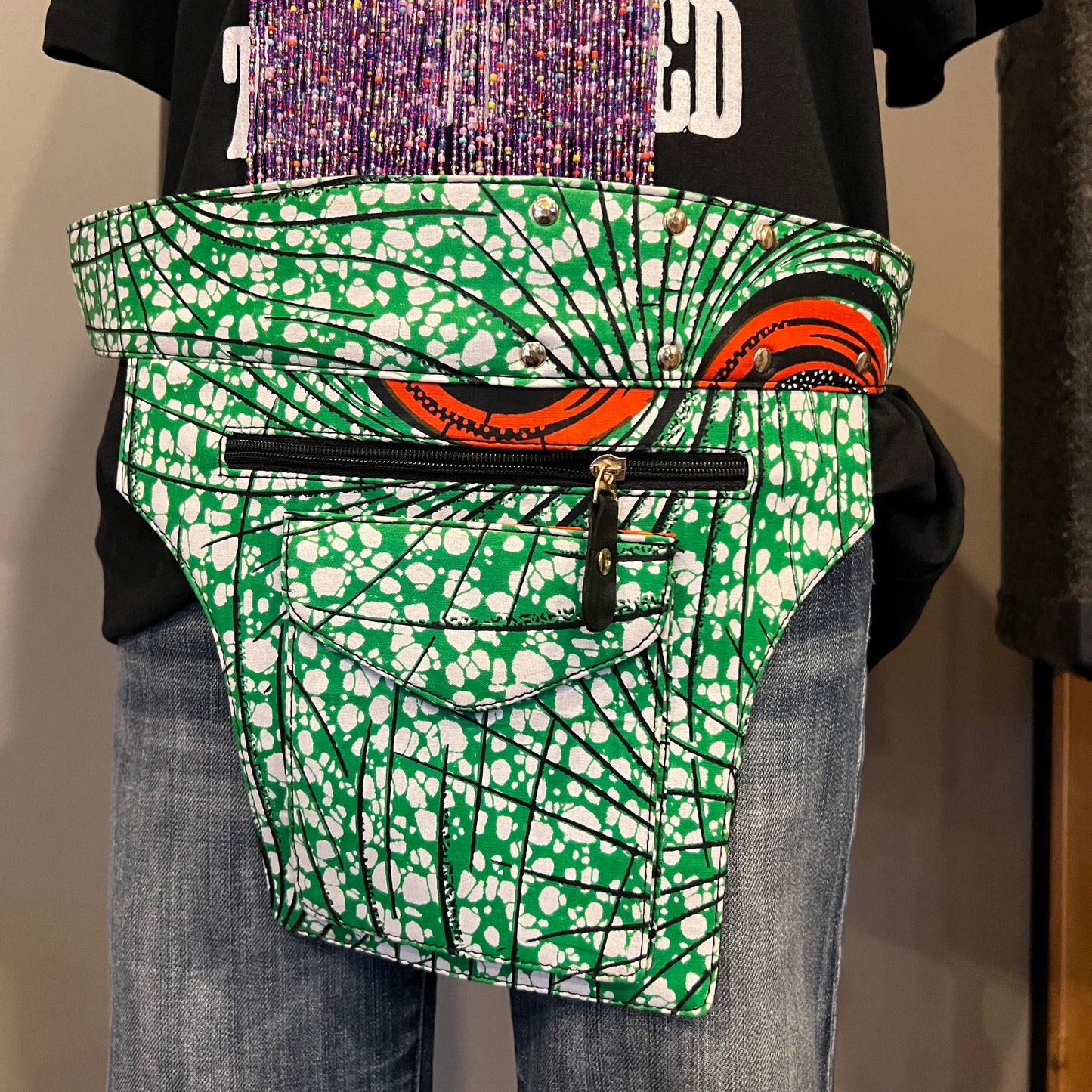African Fabric Belt Bag Green