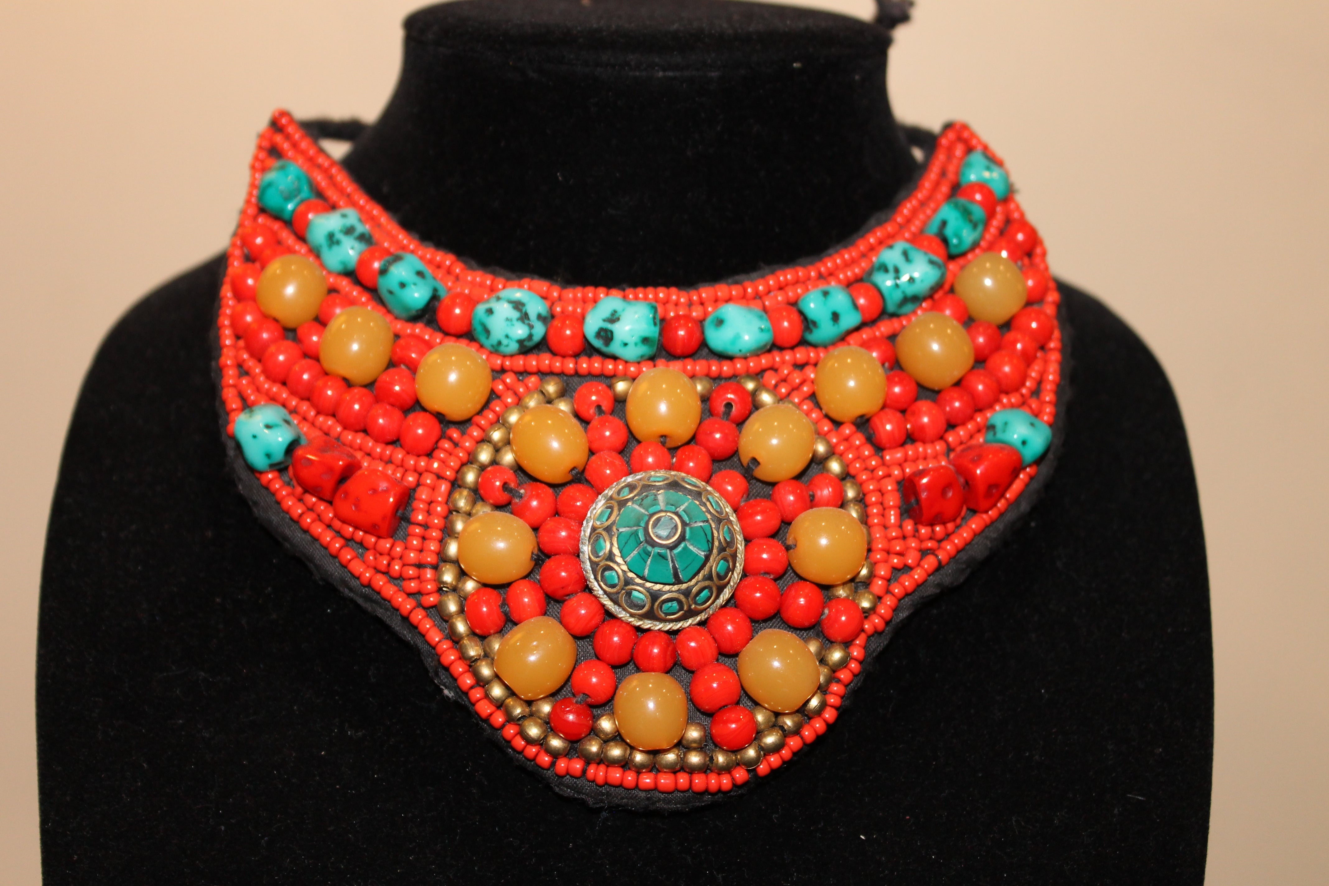 20242182 Turquoise Resin Necklace Multistrand Layered Necklace Relief Bib  Necklace Skin Collar Necklace Statement Necklace